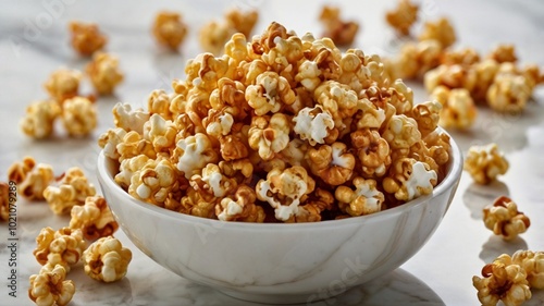 Sweet caramel popcorn in a bowl on a wooden background.