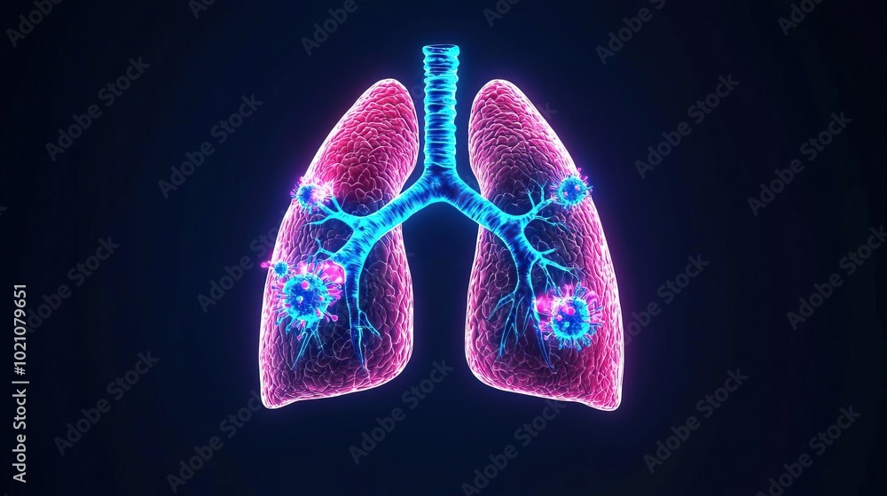 Anatomical illustration of lungs being attacked by viruses Anatomical illustration of lungs being attacked by viruses