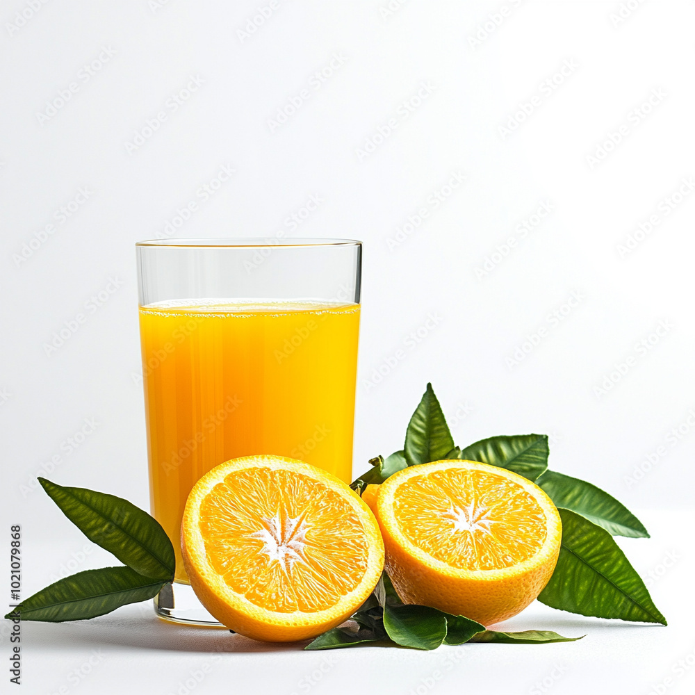 Fresh orange juice in a glass with sliced oranges and green leaves. Fresh orange juice in a glass with sliced oranges and green leaves.