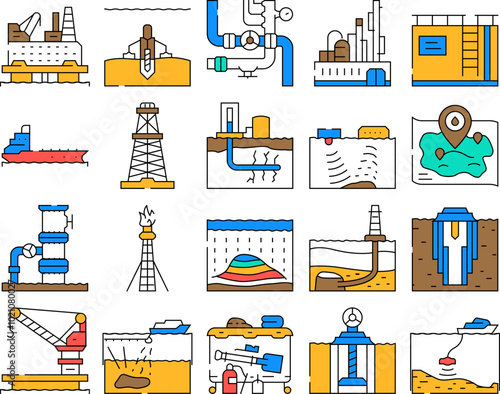 oil industry petroleum energy gas icons set vector. fuel power, industrial technology, construction engineering, engineer factory, plant oil industry petroleum energy gas color Contour Illustrations