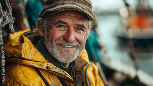 Caucasian Man Fisherman - fisherman, portrait, smile, elderly, man, happy, sea, fishing, outdoors, weathered, beard, hat, yellow, raincoat, rustic, joyful, maritime