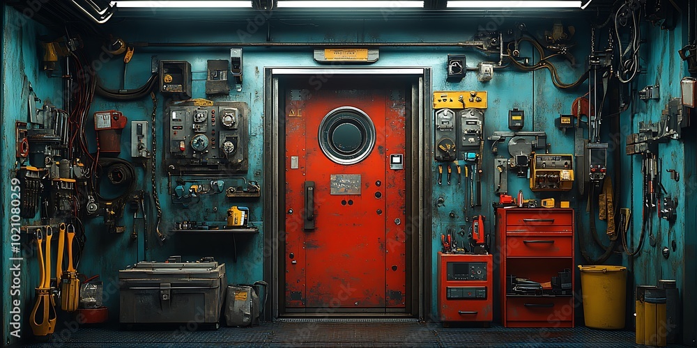 A cluttered workshop with a red door A cluttered workshop with a red door