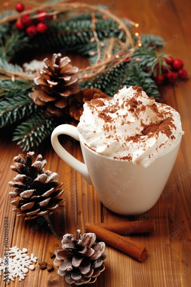 Festive hot chocolate with whipped cream and cocoa on wooden table with Christmas decorations Festive hot chocolate with whipped cream and cocoa on wooden table with Christmas decorations