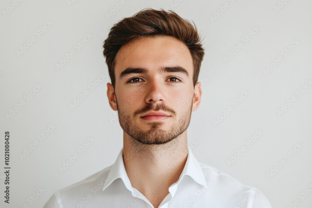 A person dressed in a white shirt gazing straight into the lens A person dressed in a white shirt gazing straight into the lens