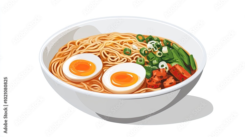 A bowl of flavorful ramen with noodles, soft-boiled egg, and vegetables, served in a simple white setting. Capturing the essence of popular Asian comfort food. A bowl of flavorful ramen with noodles, soft-boiled egg, and vegetables, served in a simple white setting. Capturing the essence of popular Asian comfort food.