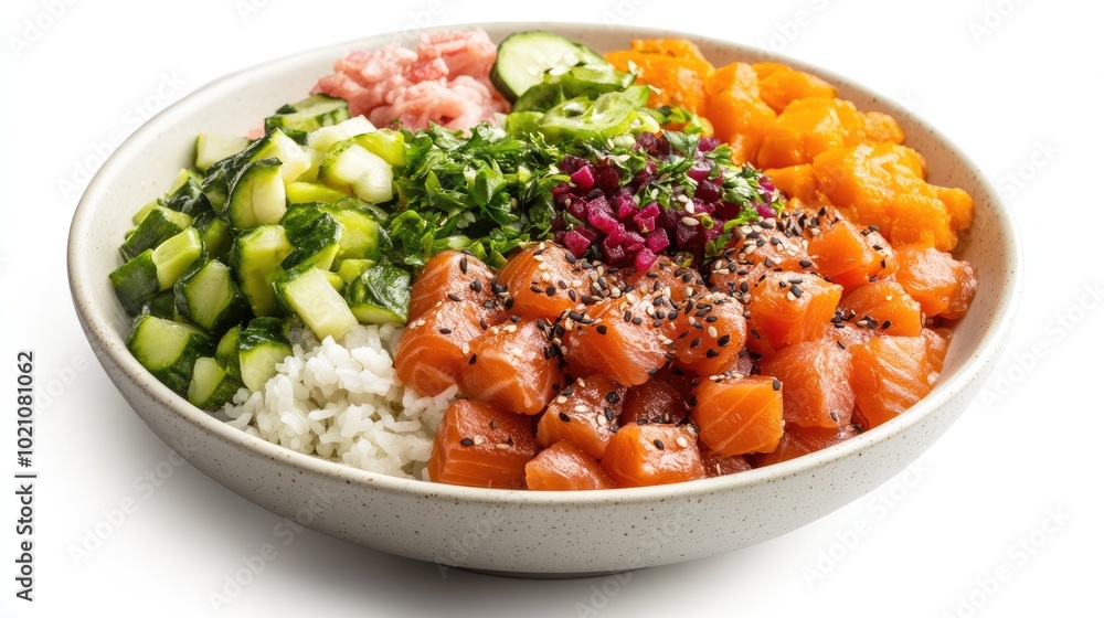 A bowl of vibrant poke with fresh fish, rice, and vegetables, isolated on a clean white surface. Highlighting popular Hawaiian-inspired cuisine. A bowl of vibrant poke with fresh fish, rice, and vegetables, isolated on a clean white surface. Highlighting popular Hawaiian-inspired cuisine.