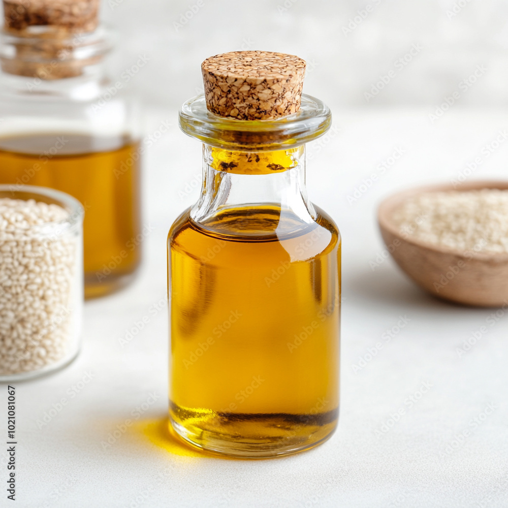 Golden oil bottle with cork lid, white isolate background. Golden oil bottle with cork lid, white isolate background.