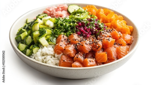 A bowl of vibrant poke with fresh fish, rice, and vegetables, isolated on a clean white surface. Highlighting popular Hawaiian-inspired cuisine.