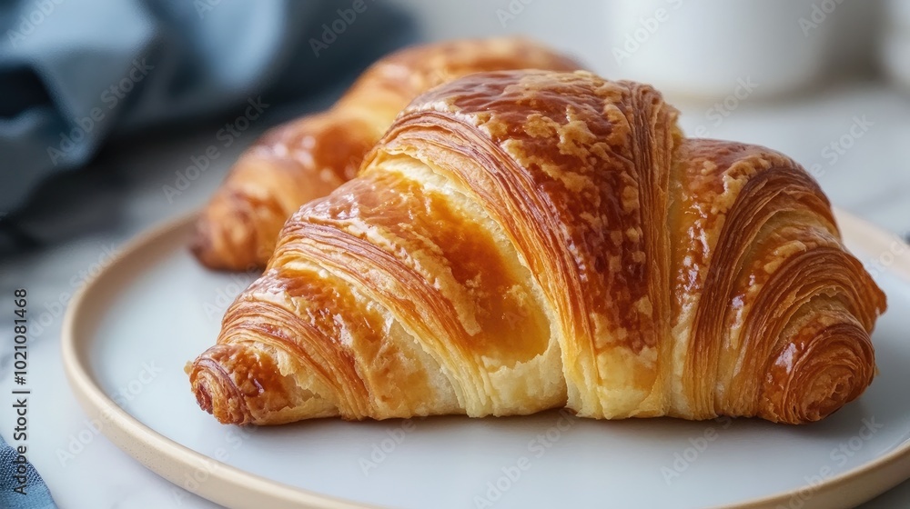 A croissant with buttery, flaky layers, set on a white surface. Popular pastry ideal for breakfast or a snack. A croissant with buttery, flaky layers, set on a white surface. Popular pastry ideal for breakfast or a snack.