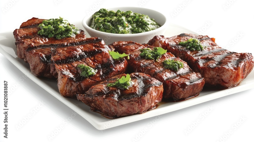 A hearty serving of churrasco steak with a side of chimichurri sauce, neatly arranged on a white plate against a white background. Highlighting flavorful grilled meats. A hearty serving of churrasco steak with a side of chimichurri sauce, neatly arranged on a white plate against a white background. Highlighting flavorful grilled meats.