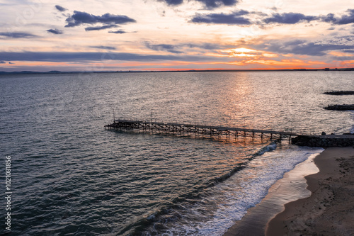 Aerial view of sunset over the beach	in sea resort Ravda, Burgas, Bulgaria photo