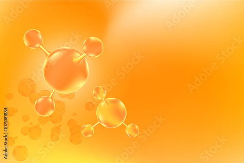 Gold oil or collagen 3d glowing glass texture molecule formula. Hyaluronic acid serum chemical formula yellow, orange watercolor background with copy space. Beauty treatment nutrition.