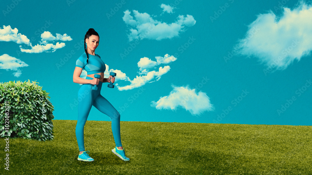 Woman in bright blue sportswear training with dumbbells, doing workout in a open grassy space under clear blue sky. Creative art collage. Concept of sport, outdoor fitness, nature and active lifestyle Woman in bright blue sportswear training with dumbbells, doing workout in a open grassy space under clear blue sky. Creative art collage. Concept of sport, outdoor fitness, nature and active lifestyle