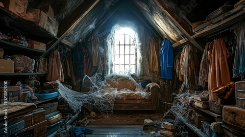 An abandoned attic filled with cobwebs, old clothes, and a dusty couch near a window. photo