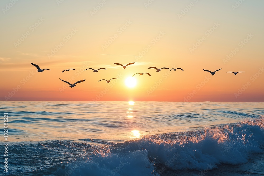 Naklejka premium A captivating sunset glows over ocean waves, with birds soaring in the sky, highlighting nature's beauty and freedom.