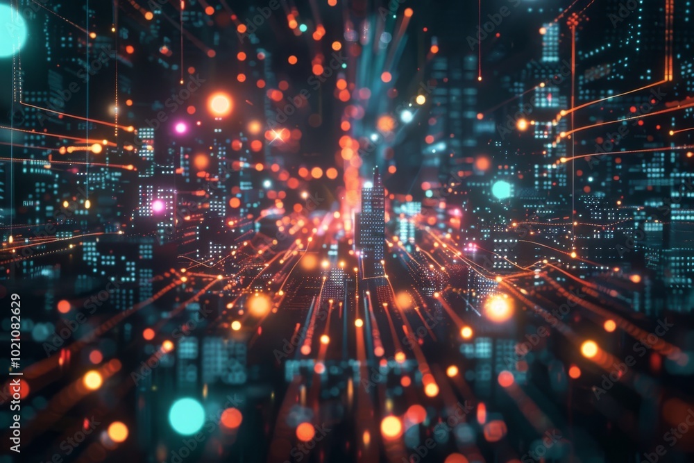 A vibrant digital circuit board illuminated by bright blue and red lights showcasing technology and innovation in a dark setting A vibrant digital circuit board illuminated by bright blue and red lights showcasing technology and innovation in a dark setting