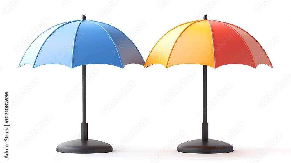 Two Umbrellas in Blue Yellow and Red Isolated on White Background Two Umbrellas in Blue Yellow and Red Isolated on White Background