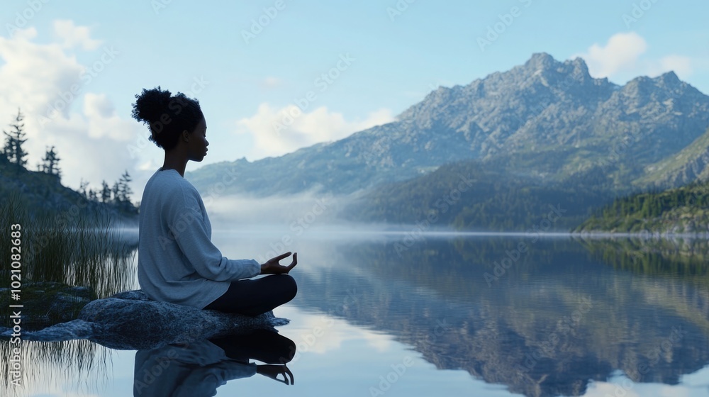 Fototapeta premium A woman sits on a rock overlooking a serene lake, perfect for editorial or advertising use
