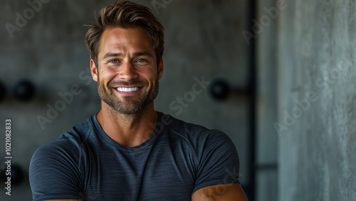 Caucasian Man Fitness Trainer - smiling man, fitness model, muscular man, attractive male, lifestyle photography, casual portrait, gym background, healthy lifestyle