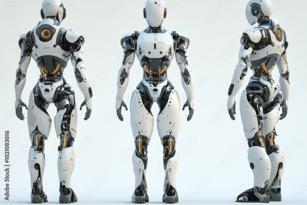 Three robots standing side by side, possibly discussing or awaiting instructions Three robots standing side by side, possibly discussing or awaiting instructions