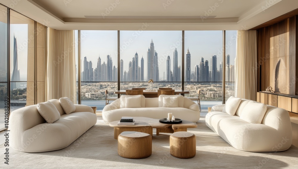 Elegant luxury penthouse living room with panoramic views of Dubai’s skyline, beige and white tones, high ceilings, golden details, large sofa, dining table for ten, indoor greenery Elegant luxury penthouse living room with panoramic views of Dubai’s skyline, beige and white tones, high ceilings, golden details, large sofa, dining table for ten, indoor greenery