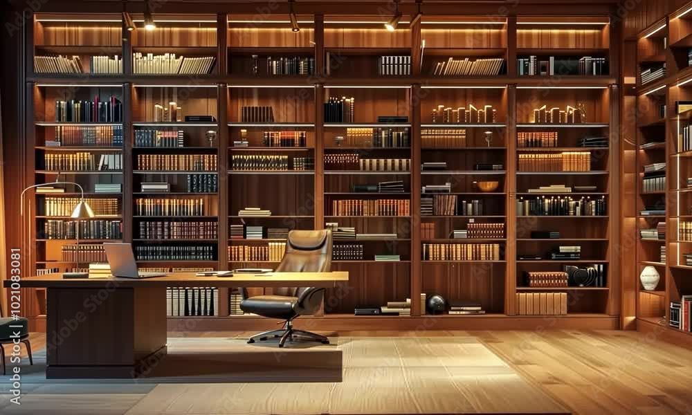A large room with a desk and a chair, and a large bookcase with many books Video A large room with a desk and a chair, and a large bookcase with many books Video