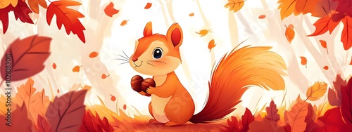 Illustration of an adorable cartoon squirrel holding acorns, surrounded by vibrant red and orange autumn leaves