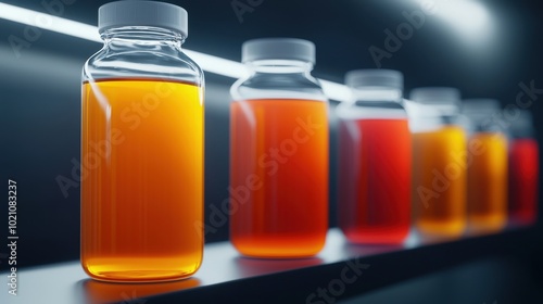 A row of colorful glass vials filled with liquids, showcasing a gradient of vibrant hues against a dark backdrop.