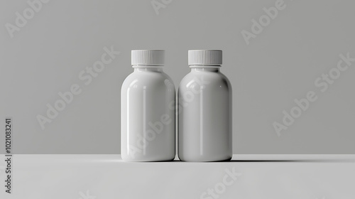 Two white bottles with white caps on a white background. The bottles are empty and ready for your label.