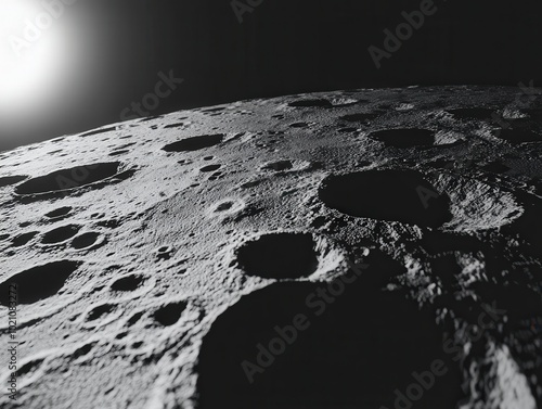 Close-up of the moon's cratered surface under a stark, bright light. photo