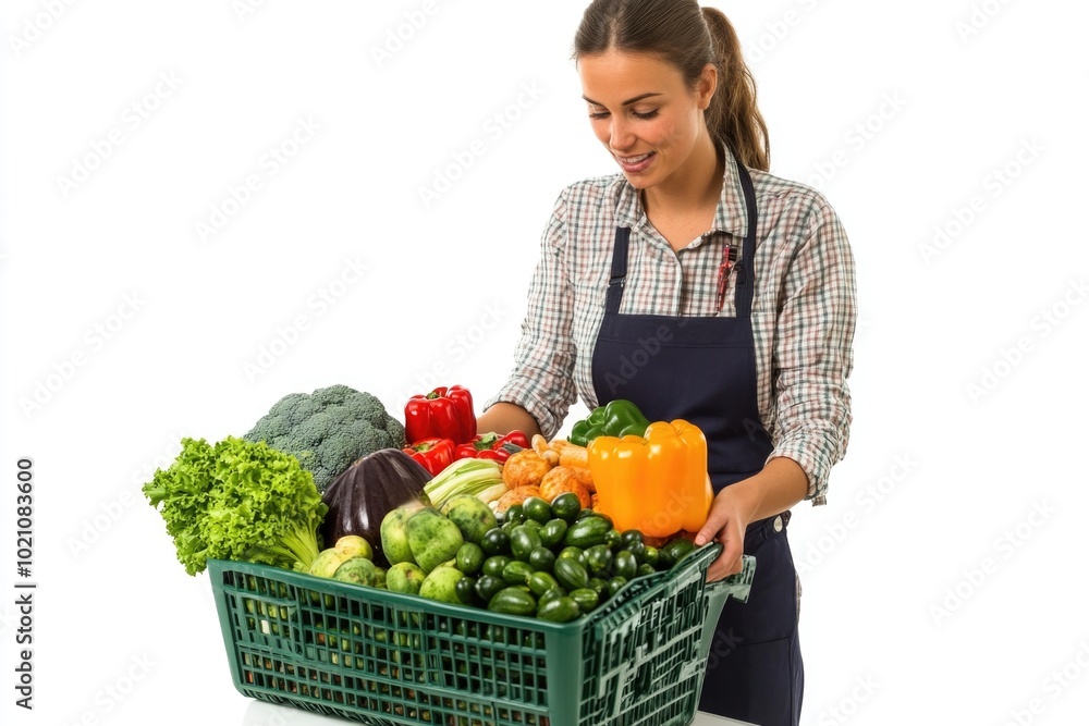 A woman holds a basket of fresh vegetables in her apron A woman holds a basket of fresh vegetables in her apron