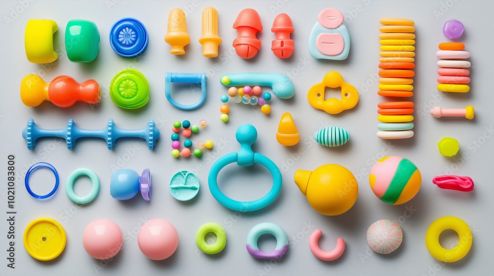A wide array of colorful children's baby toys neatly arranged on a white surface, creating a playful and vibrant visual ideal for children-related settings. A wide array of colorful children's baby toys neatly arranged on a white surface, creating a playful and vibrant visual ideal for children-related settings.