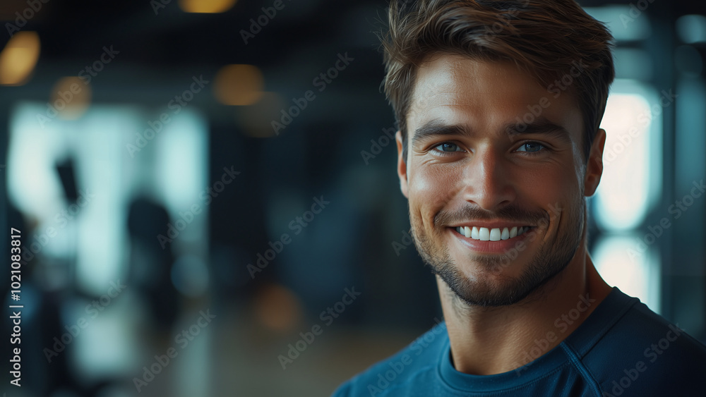 Fototapeta premium Caucasian Man Fitness Trainer - man, smiling, fitness, health, gym, portrait, young adult, athlete, training, workout, happy, male, wellness, motivation, active lifestyle