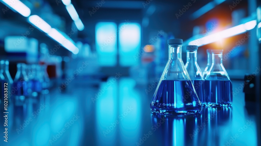 A serene laboratory scene featuring blue liquids in glass flasks, illuminated by soft lights, suggesting scientific exploration and innovation. A serene laboratory scene featuring blue liquids in glass flasks, illuminated by soft lights, suggesting scientific exploration and innovation.