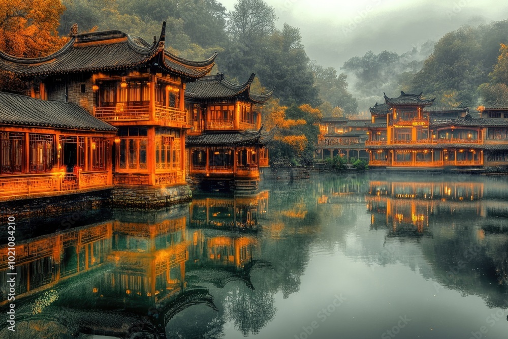 Obraz premium A lake or river surrounded by buildings and trees, ideal for use in cityscapes, architecture, and landscape images