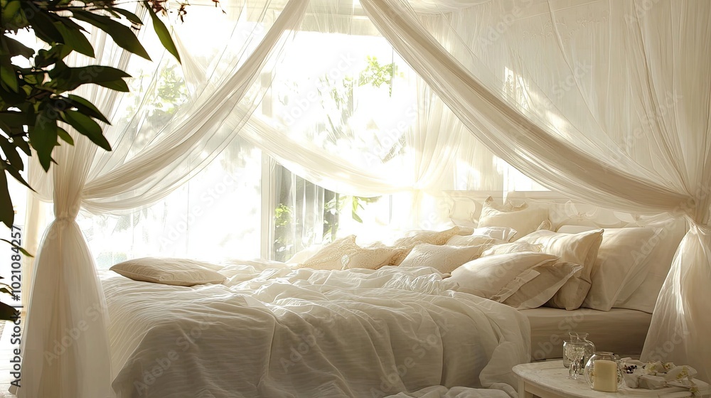Canopy bed with flowing sheer curtains, soft bedding, and decorative pillows, creating a romantic atmosphere in a bright, airy room. Canopy bed with flowing sheer curtains, soft bedding, and decorative pillows, creating a romantic atmosphere in a bright, airy room.
