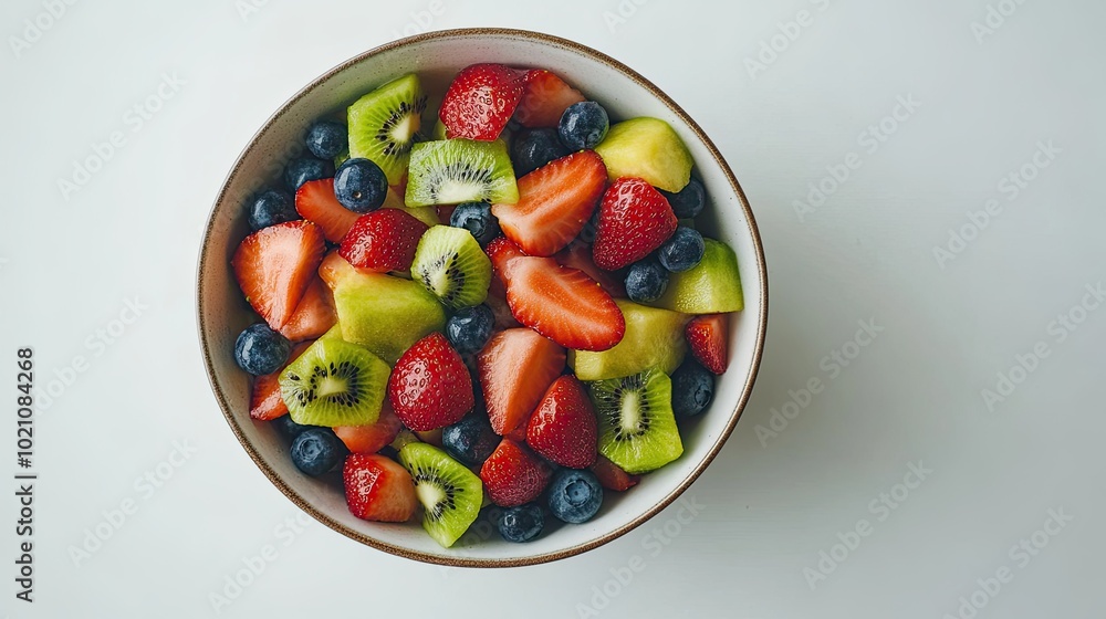 Bowl of colorful fruit salad with strawberries, blueberries, and kiwi, presented on a white surface. A refreshing and popular healthy option. Bowl of colorful fruit salad with strawberries, blueberries, and kiwi, presented on a white surface. A refreshing and popular healthy option.