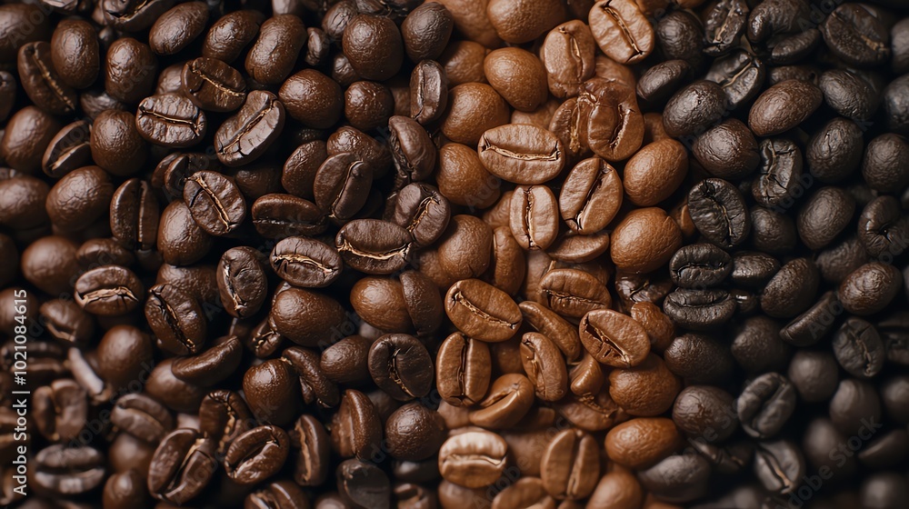 Fototapeta premium Assorted roasted coffee beans of various shades and sizes on a flat surface.