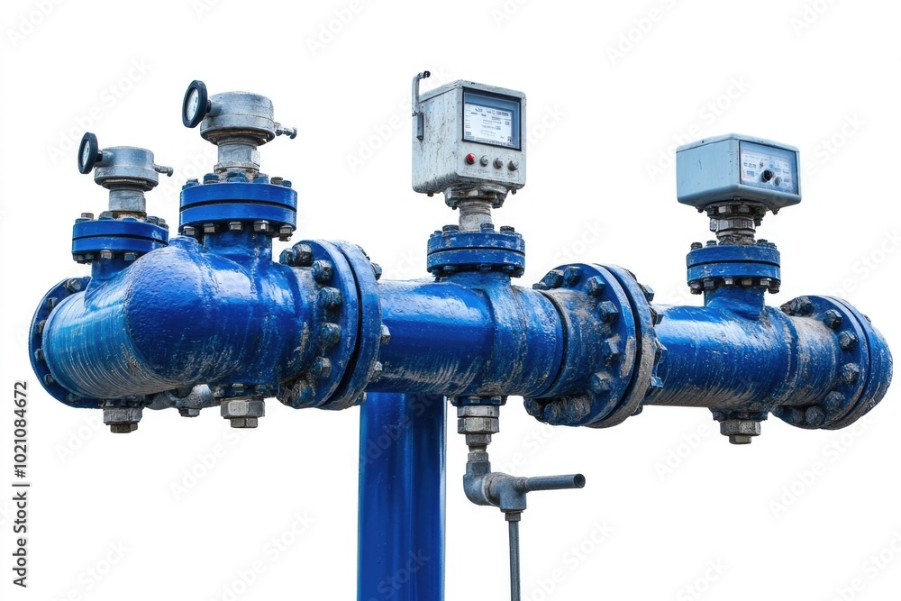 A blue industrial pipe with three valves and a meter, useful for illustration of water or gas supply systems A blue industrial pipe with three valves and a meter, useful for illustration of water or gas supply systems