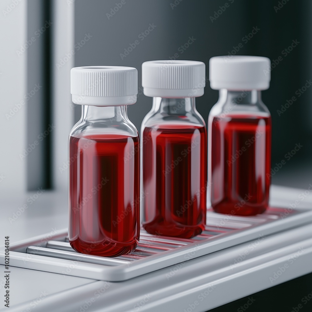 Three glass vials filled with a red liquid are neatly arranged on a shelf, suggesting a laboratory or pharmaceutical setting. Three glass vials filled with a red liquid are neatly arranged on a shelf, suggesting a laboratory or pharmaceutical setting.