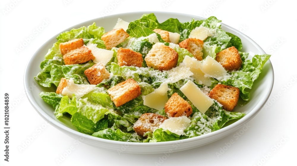 Classic Caesar salad with crisp lettuce, croutons, and Parmesan cheese, neatly arranged on a white surface. Fresh and healthy dining option. Classic Caesar salad with crisp lettuce, croutons, and Parmesan cheese, neatly arranged on a white surface. Fresh and healthy dining option.