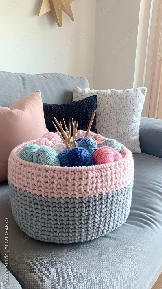 A gray basket holds soft yarn and knitting needles on a cozy sofa adorned with a pastel pink blanket and a star-shaped pillow, creating a warm home atmosphere A gray basket holds soft yarn and knitting needles on a cozy sofa adorned with a pastel pink blanket and a star-shaped pillow, creating a warm home atmosphere
