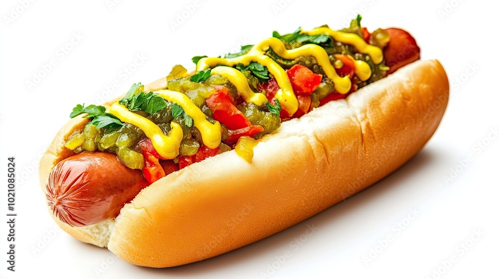 Classic hot dog with mustard and relish, neatly placed on a white background. Perfect for showcasing popular street food. Classic hot dog with mustard and relish, neatly placed on a white background. Perfect for showcasing popular street food.
