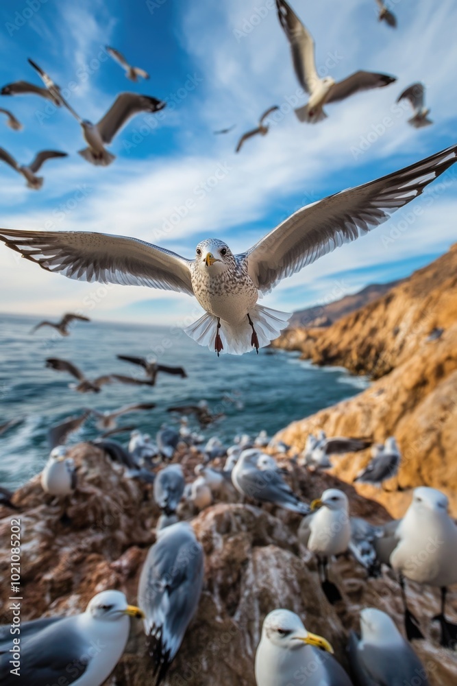 Seagulls soaring above a rugged coastline, perfect for scenic or atmospheric images Seagulls soaring above a rugged coastline, perfect for scenic or atmospheric images