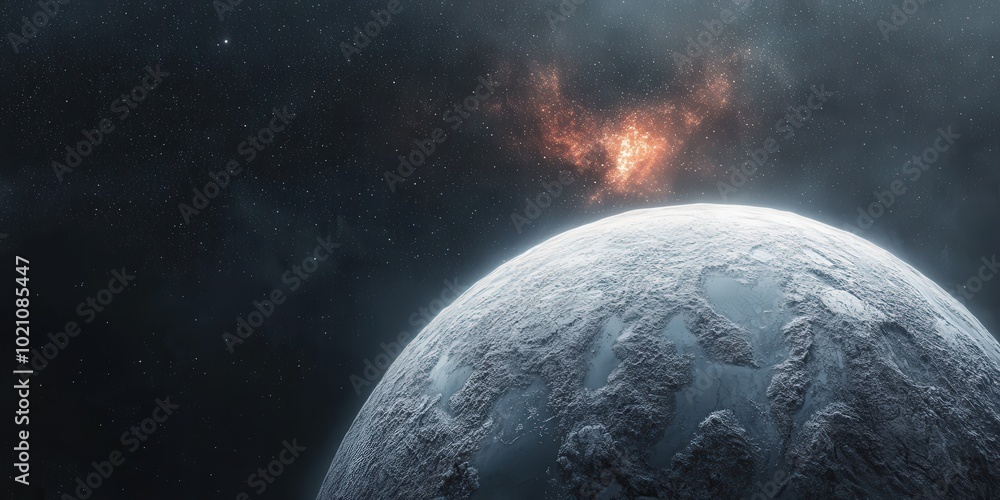 Obraz premium A serene icy planet with a distant nebula glowing in the vastness of space.