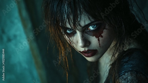 A woman with blood on her face in a dark room.