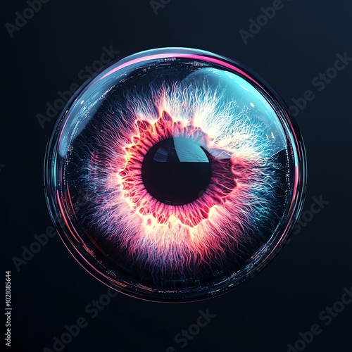 Futuristic digital eye with vibrant colors, illustrating concept of artificial intelligence and technology advancement. photo