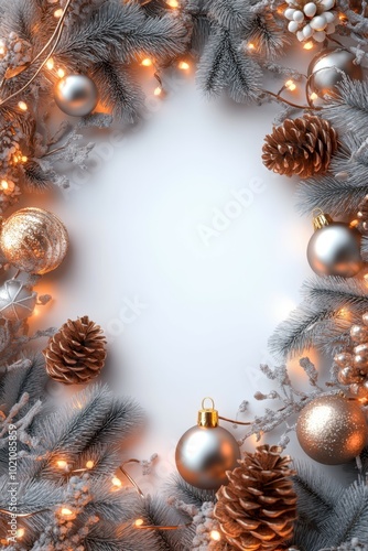 A cute 3D Christmas border render with a blank minimalist backdrop, framed by playful elements like Christmas ornaments, pinecones, and glowing fairy lights. The smooth, simple design emphasizes the