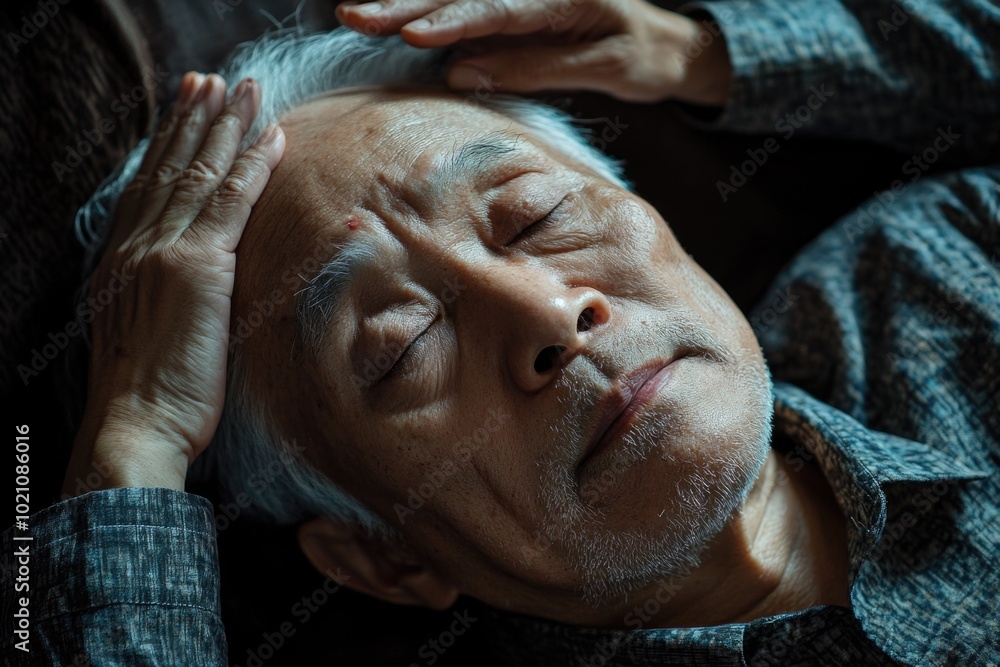 A person lying down on a sofa, eyes closed, possibly sleeping or meditating A person lying down on a sofa, eyes closed, possibly sleeping or meditating
