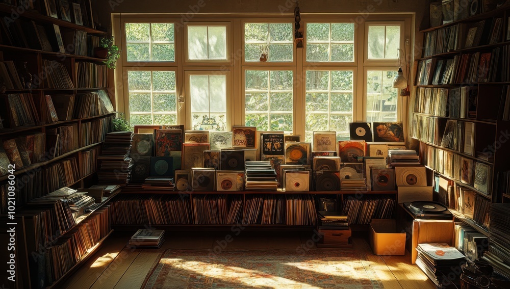 Nostalgic Record Store Filled with Vinyl Collections, Warm Window Lighting and Authentic Vintage Decor, Inviting Retro Atmosphere Nostalgic Record Store Filled with Vinyl Collections, Warm Window Lighting and Authentic Vintage Decor, Inviting Retro Atmosphere